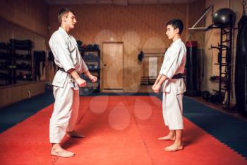 Martial arts karate master and young disciple in white uniform and black belts on training in gym