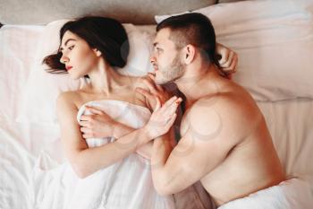 Couple have problems in bed, failure sex, no sexual desire, quarrel. Bad intimate life, impotence