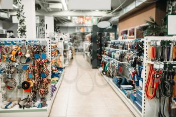 Pet shop interior, shelves with accessories for domestic animals, nobody. Petshop variety, no people