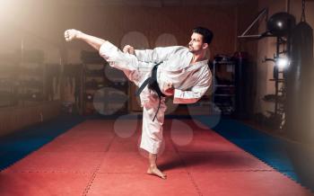 Martial arts, man in white kimono with black belt, karate training kata in gym