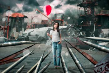 Woman with air balloon, airplane crash on background, wreckage fuselage. Aircraft accident, engine failure danger, ruined plane