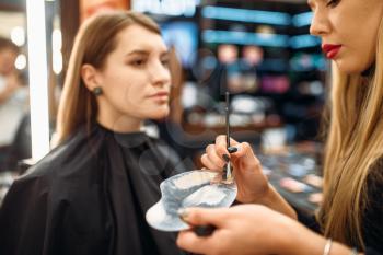 Makeup artist works with face skin, woman in make-up shop. Female client in beauty salon