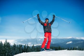 Male skier hands up on the top of mountain, blue sky, forest and snowy mountains on background. Winter active sport, extreme lifestyle. Downhill skiing