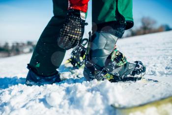 Snowboarder hand fastens snowboard fastening closeup. Winter active sport, extreme lifestyle, snowboarding