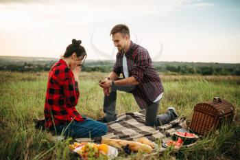 Man makes a marriage proposal on romantic picnic in summer field. Junket of man and woman, happy moments