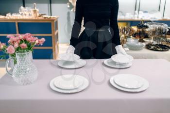 Waitress puts the dishes for banquet, table setting. Serving service, festive dinner decoration