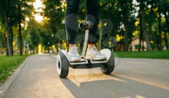 Young male person riding on gyro board in summer park. Outdoor recreation with electric gyroboard. Eco transport with balance technology, electrical gyroscope vehicle