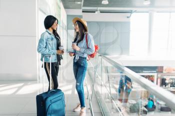 Two female travelers with luggage begins to travel in airport. Passengers with baggage in air terminal, back view, happy journey of white and black ladies, summer travel