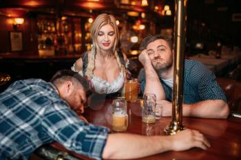 Two drunk friends sleeping at the counter with beer mugs in pub, pretty waitress on background, oktoberfest holidays. Male persons drinking in bar, barmaid in traditional retro style