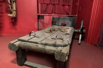 Torture table, museum in Prague, Czech Republic. The inquisition instrument. Famous european place for travel and tourism