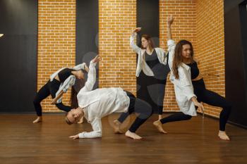 Contemporary dance group poses in studio. Female and male dancers training in class, modern grace dancing