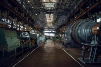 Turbine manufacturing factory interior, nobody. Power machines plant, powerplants