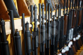 Row of rifles on showcase in gun shop closeup, nobody. Euqipment for hunters on stand in weapon store, hunting and sport shooting hobby