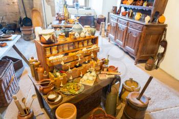 Vintage kitchen in old castle, Europe. Traditional european architecture, famous places for tourism and travel, medieval cuisine interior
