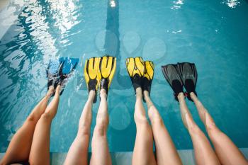 Female swimmers group at the poolside, feet in flippers. Women near the water, sport underwater swimming workout in pool