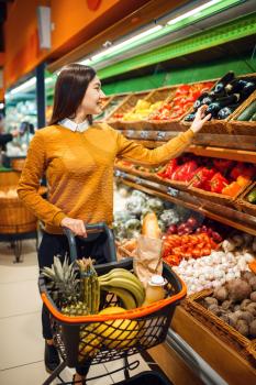 Young woman with basket in grocery store. Female person buying fruits and vegetables in market, customer shopping food
