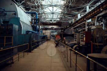 Turbine manufacturing factory interior, nobody. Power machines plant, powerplants, industrial machinery