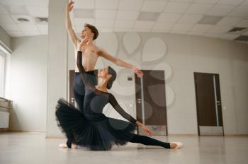 Female and male ballet dancers in action. Ballerina with partner training in class, dance studio