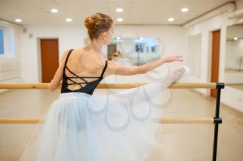 Elegant young ballerina works at the barre in class. Ballet school, female dancers on choreography lesson, girls practicing grace dance