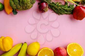 Fresh vegetables and fruits isolated on purple background. Organic vegetarian food, grocery assortment, natural eco products, healthy lifestyle concept