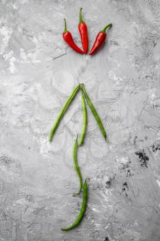 Green bean and red pepper isolated on grunge abstract background, top view. Organic vegetarian food, grocery assortment, natural eco products, healthy lifestyle concept