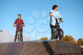 Bmx biker standing on ramp, training in skatepark. Extreme bicycle sport, dangerous cycle exercise, street riding, teens biking in summer park