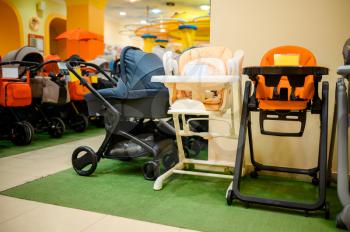 Baby strollers assortment in children's store. Showcase with perambulator variety in kid's shop, child transportation department, nobody