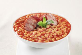Baked beans and sausage in a white bowl 