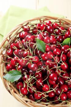 Basket of freshly picked red cherries - overhead