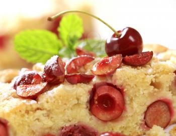 Slice of fresh cherry sponge cake - macro