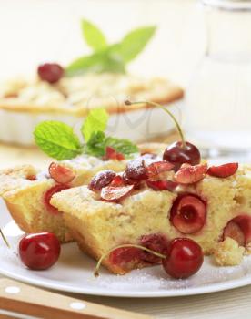 Slices of freshly baked cherry sponge cake