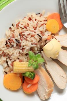 Healthy dish of mixed rice, chicken meat  and vegetables