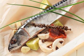 Raw mackerel and other ingredients on parchment paper