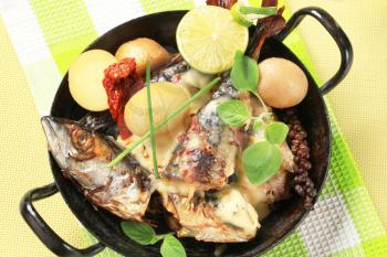 Pan fried mackerel with cream sauce and new potatoes in a skillet