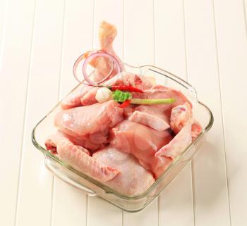 Raw chicken and pork meat in a glass dish