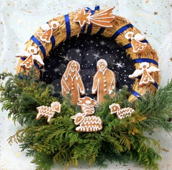 Christmas wreath with homemade gingerbread cookies