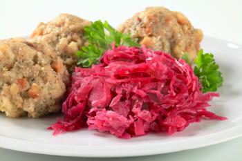 German bread and bacon dumplings with red kraut
