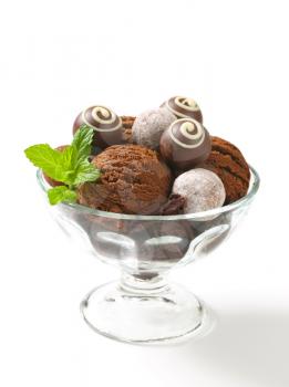 Scoops of chocolate ice cream and truffles in a coupe