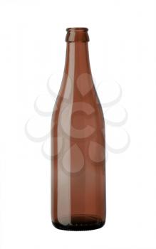 Dark amber beer bottle on white background