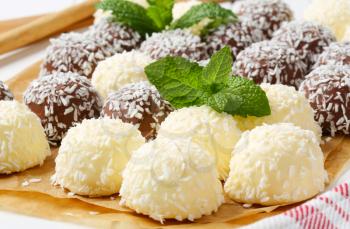 Chocolate snowball truffles rolled in coconut