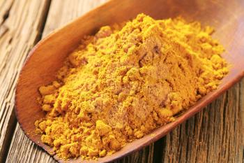 Heap of curry powder on a wooden scoop