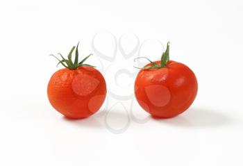 two tomatoes going bad, on white background