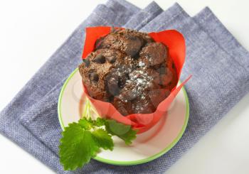 Double chocolate chip muffin wrapped in red paper