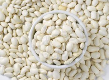 close up of raw white beans in white bowl
