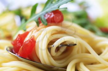 Macro shot of spaghetti twirled around a fork