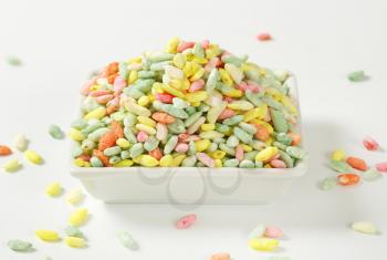Sugar coated colored puffed rice in a bowl