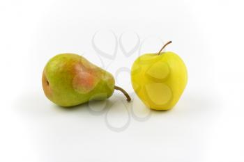ripe pear and apple on white background