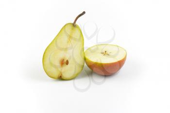 two halves of ripe pear on white background