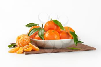 bowl of ripe tangerines on brown place mat