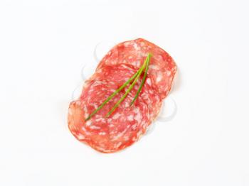 thin slices of dry salami and chives on white background